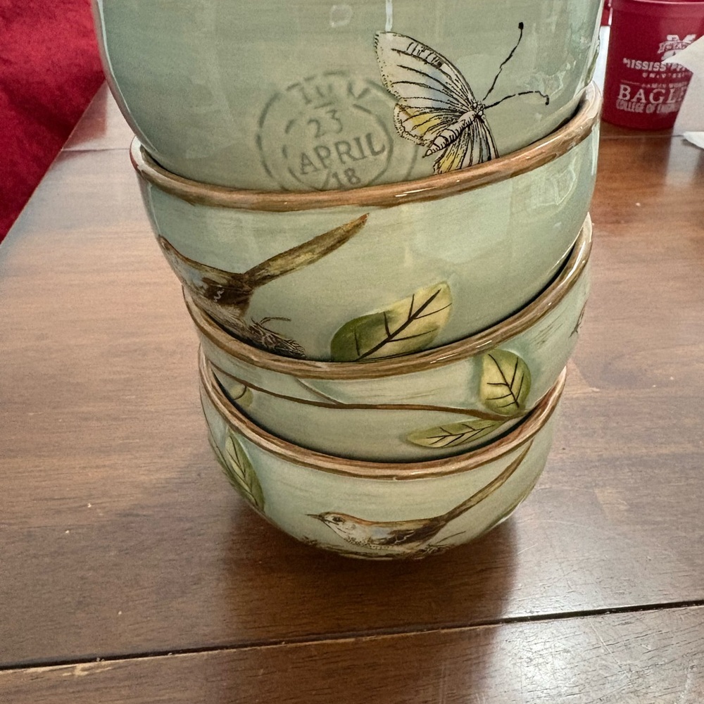 Fitz and Floyd Toulouse Green and Blue Dinnerware Bowls set of 4